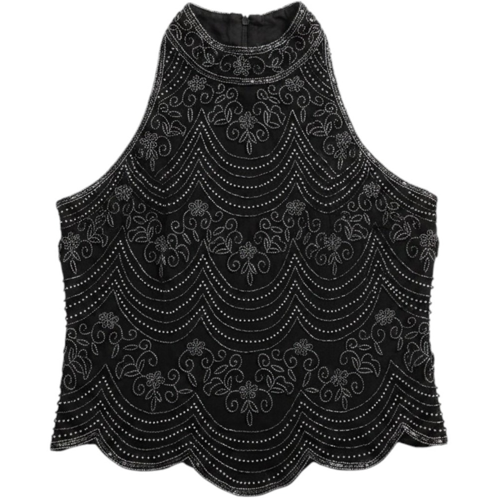 Papell Boutique Evening Silk Beaded Top Black Sleeveless Scallop Hem Womens M